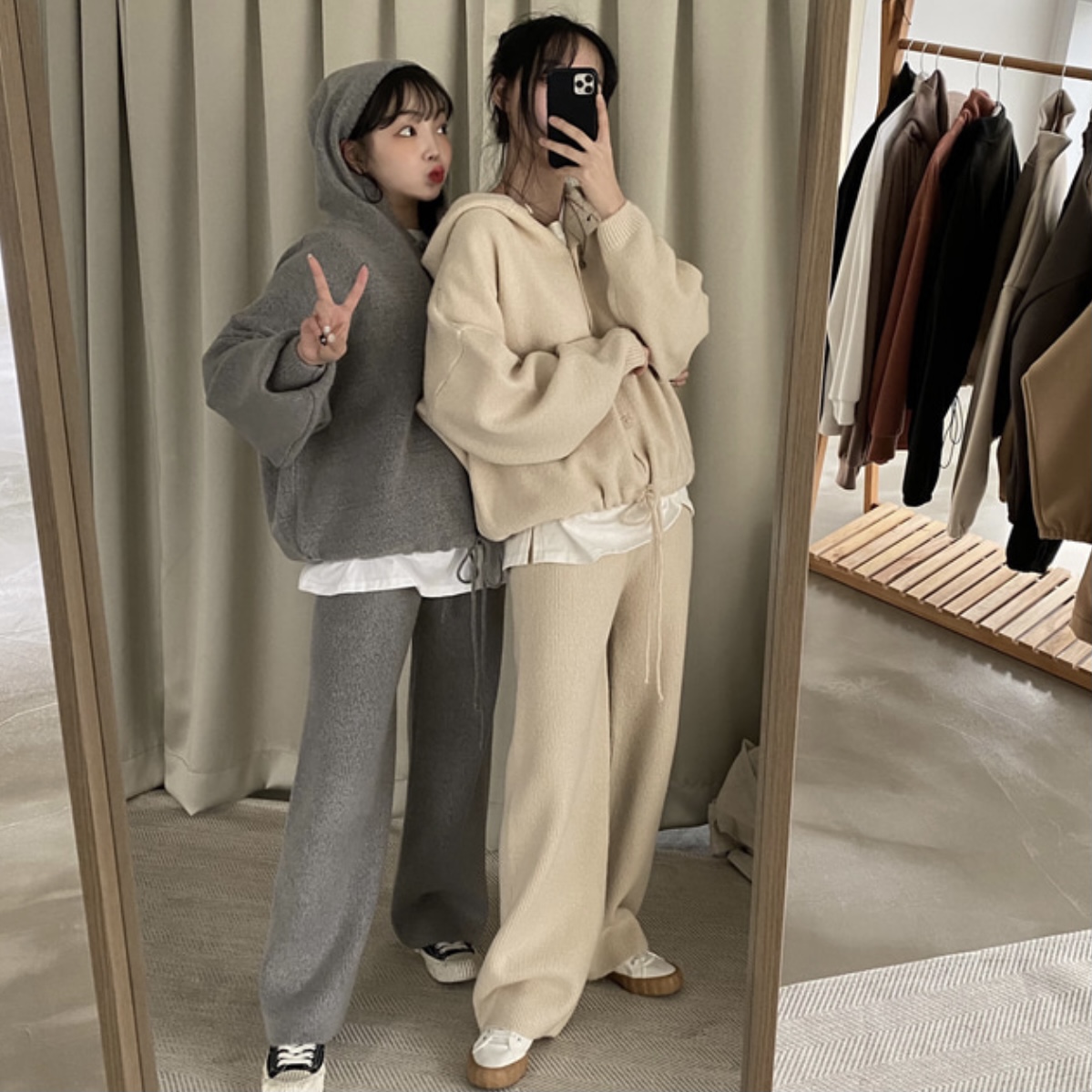實拍保護 韓版秋冬大碼毛衣套裝 慵懶連帽毛衣＋休閒直筒針織褲