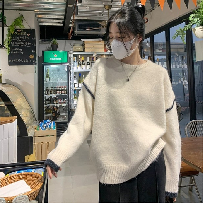 綿羊絨撞色圓領毛衣女秋季2023別致慵懶風寬鬆軟糯長袖針織衫