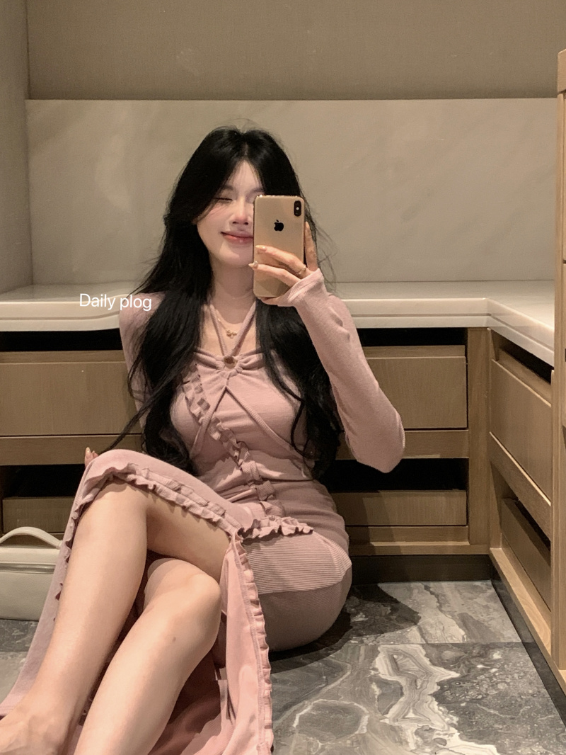 實拍 掛脖綁帶開衩長袖連衣裙修身氣質內搭長裙包臀性感女