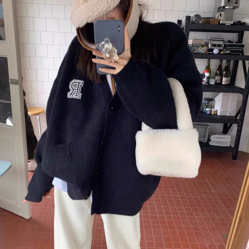 慵懶風V領針織開衫外套女秋季新款chic黑色中長款卡其色毛衣上衣