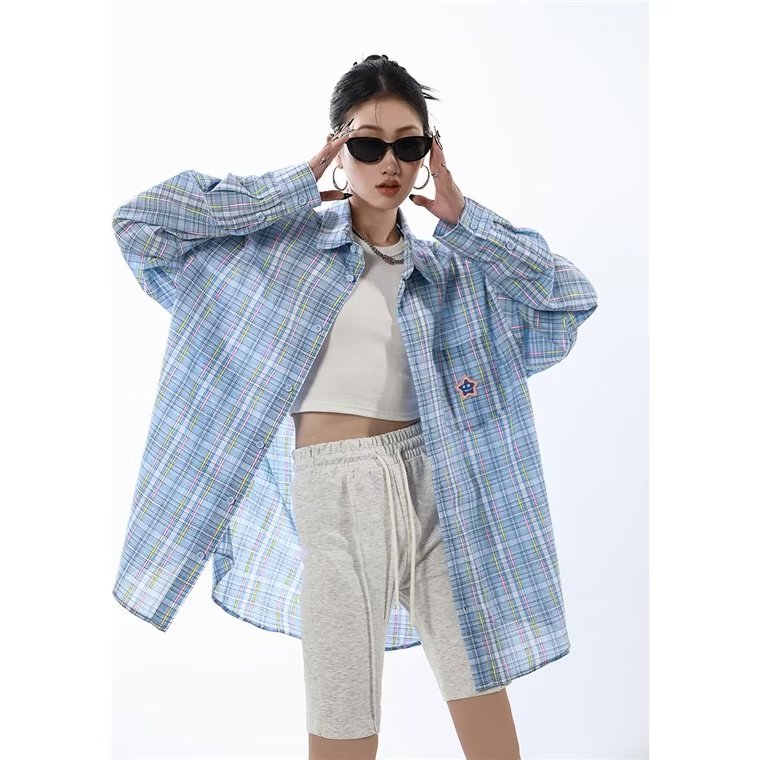 Design sense Japanese versatile loose spring and autumn long-sleeved jacket contrasting plaid lazy trendy brand shirt for women