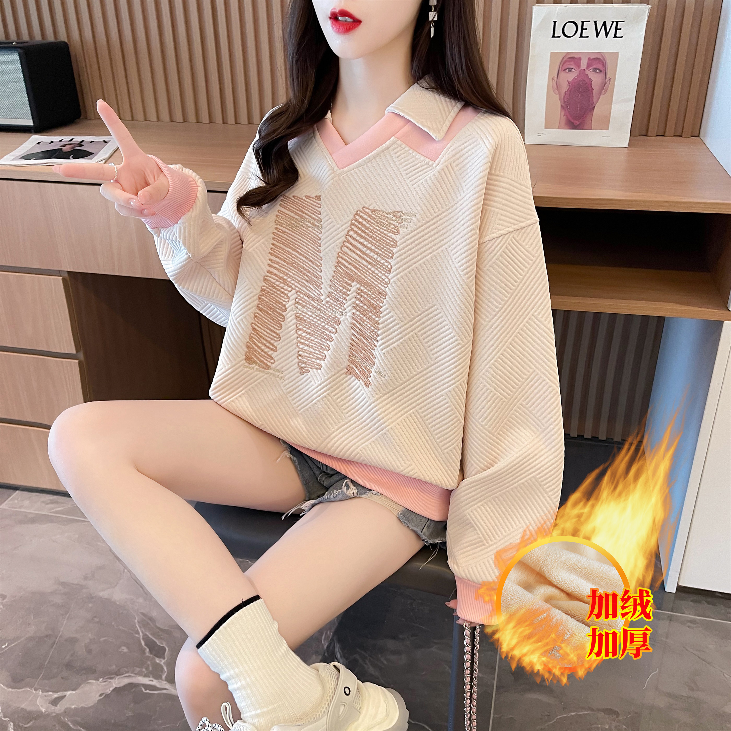 實拍 冬季新款韓版寬鬆複合貝貝絨POLO領卡通印花大碼加絨衛衣女