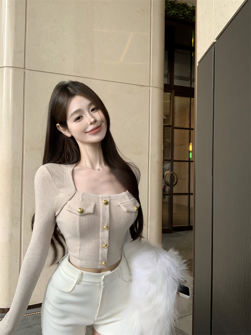 實拍 針織衫女冬內搭打底衫高級感氣質緊身顯瘦性感方領上衣