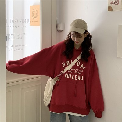 韓版寬鬆慵懶風連帽套頭衛衣女2023新款加絨加厚保暖灰色外套上衣