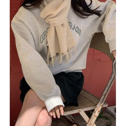 原宿BF加絨加厚套頭圓領衛衣女學生鹽系寬鬆上衣秋冬季外套慵懶風