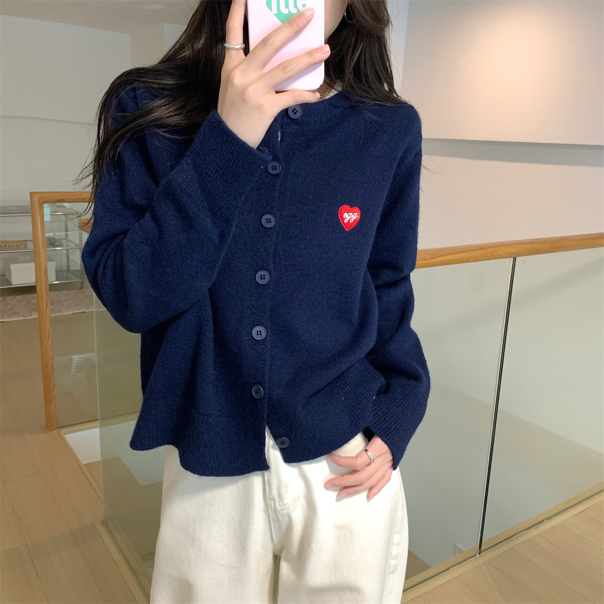 實拍 秋冬韓版寬鬆圓領愛心設計感北極絨針織開衫毛衣女外套