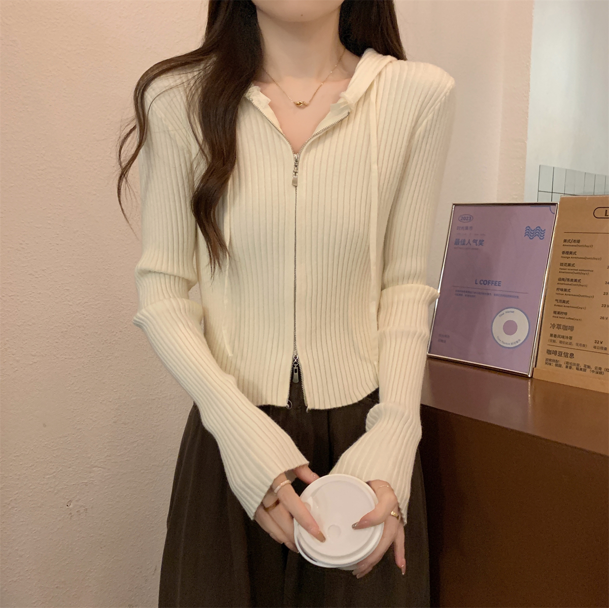 實拍 秋冬韓版修身連帽百搭休閒安迪絨針織拉鏈開衫女毛衣