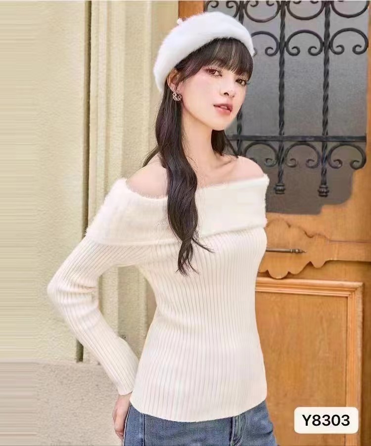 秋季新款設計感氣質端莊一字肩坑條純色性感長袖上衣女