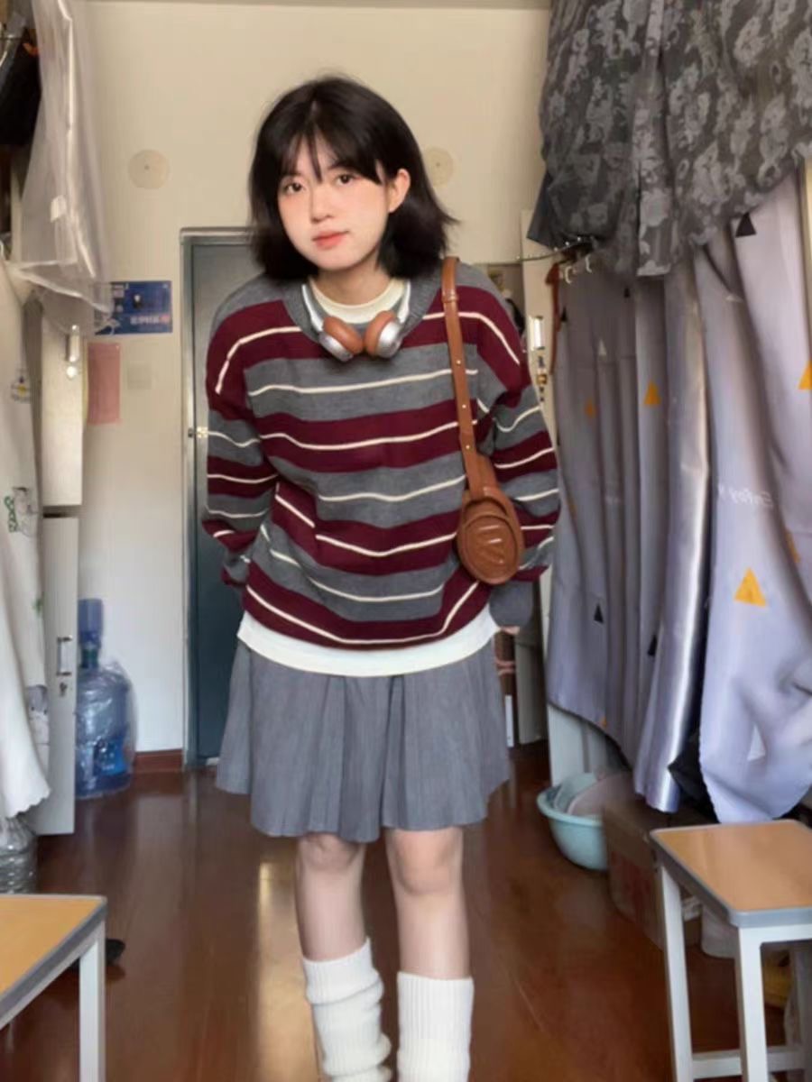 日系復古vintage撞色條紋毛衣女冬寬鬆慵懶風軟糯套頭針織衫上衣