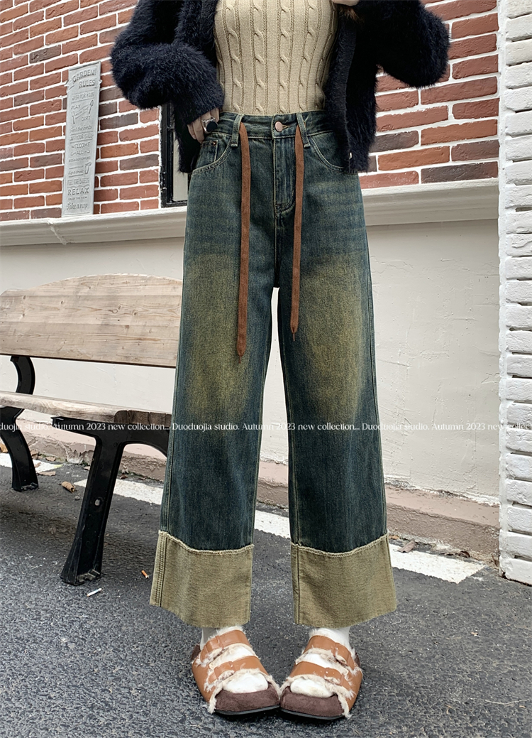 實拍 ~復古卷邊牛仔褲女高腰抽繩直筒闊腿褲長褲