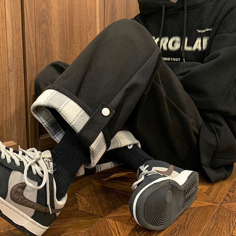 Thin, velvet cuffed plaid casual sports pants for women, spring and autumn new student Korean style wide-leg pants