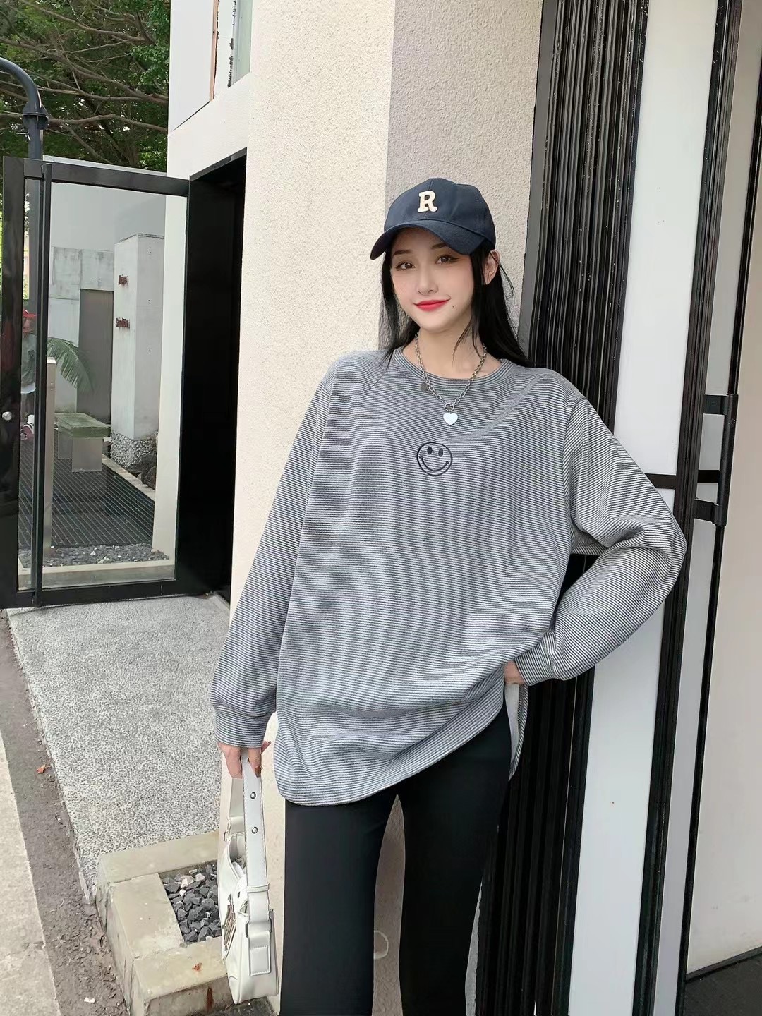 慵懶風寬鬆圓領笑臉加絨衛衣女2023秋冬大肚子打底衫長袖T恤上衣