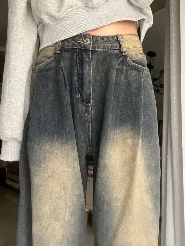 美式復古高腰闊腿牛仔褲女秋季褶皺高街設計感寬鬆垂感顯瘦直筒褲