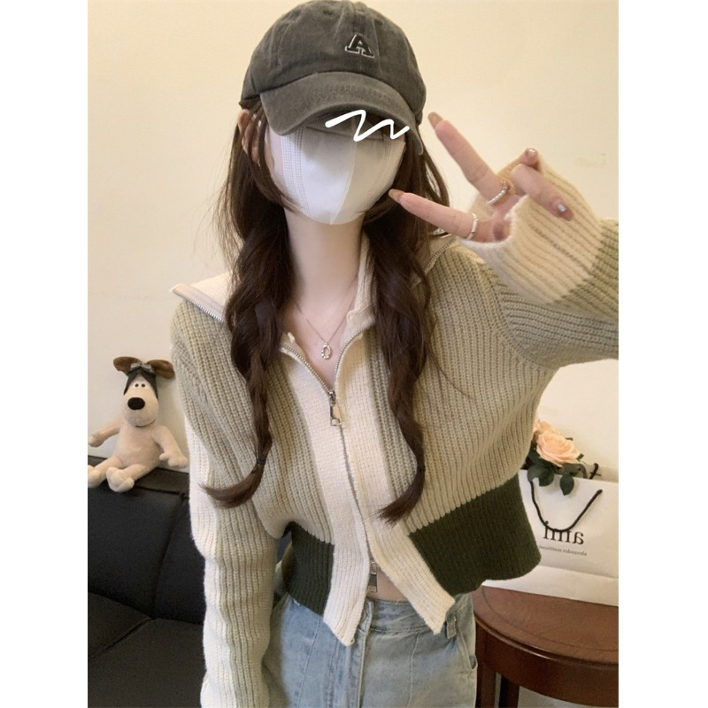 撞色慵懶風毛衣開衫外套女秋冬2023新款設計感拉鏈長袖針織上衣潮