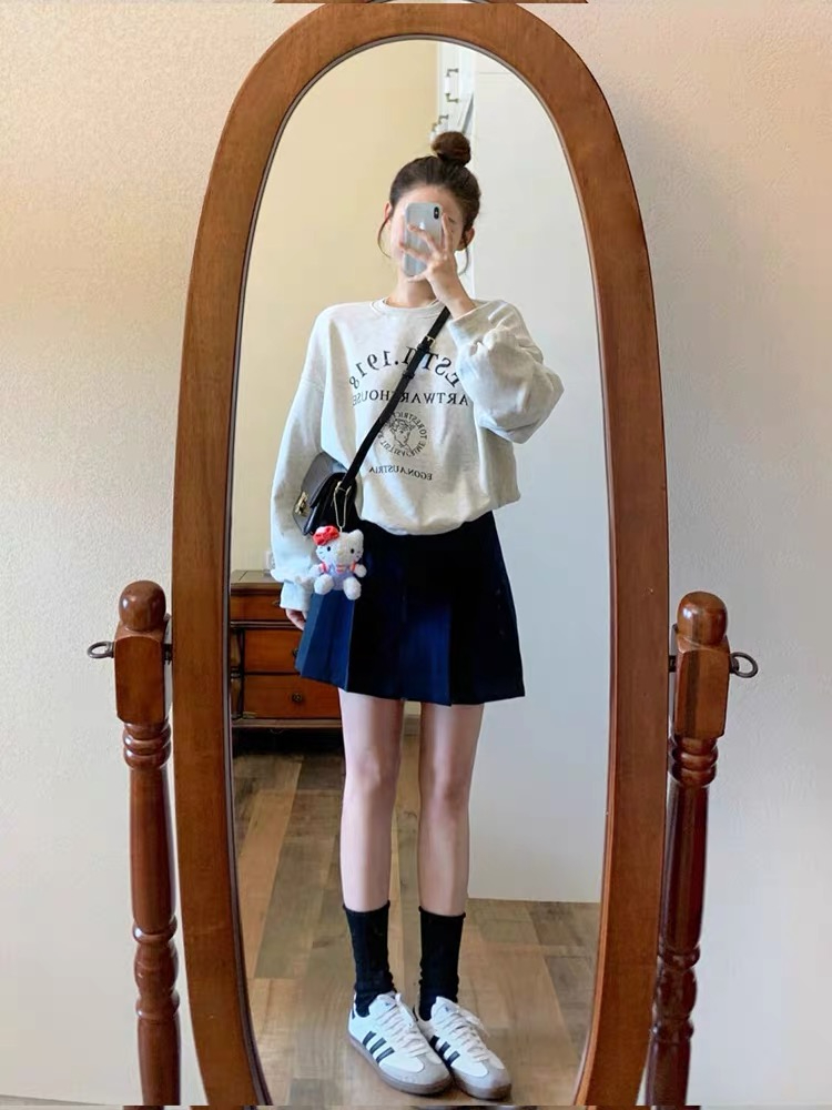 美式圓領無帽套頭衛衣女春秋小個子oversize潮牌正肩長袖上衣秋季