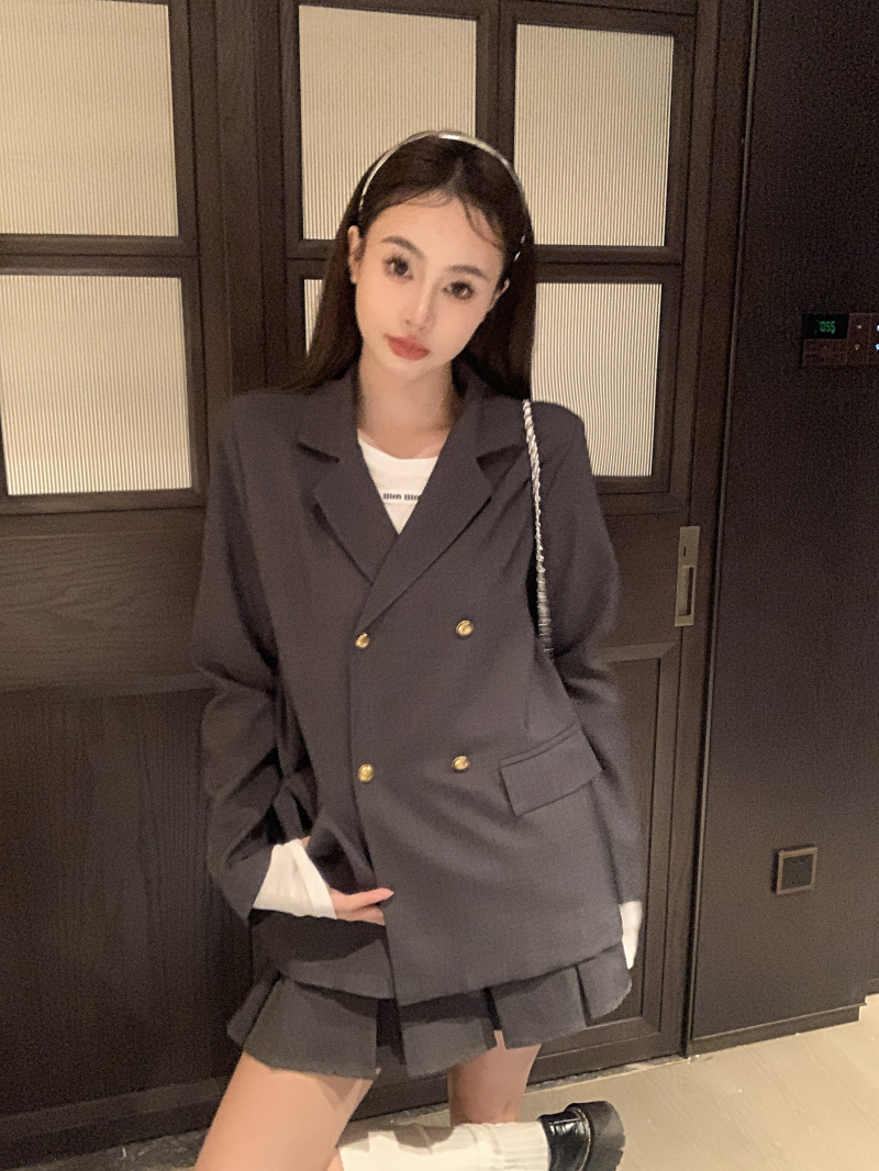 實拍 西裝外套寬鬆氣質高級感套裝百褶裙休閒兩件套