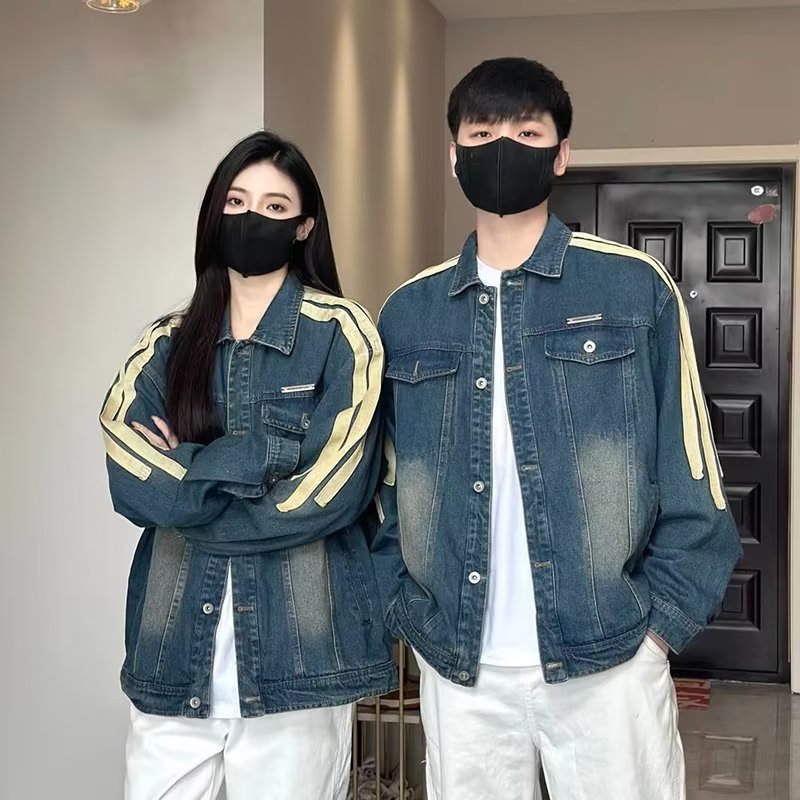 春秋季美式復古藍色水洗牛仔衣男女潮流百搭痞帥條紋外套情侶夾克