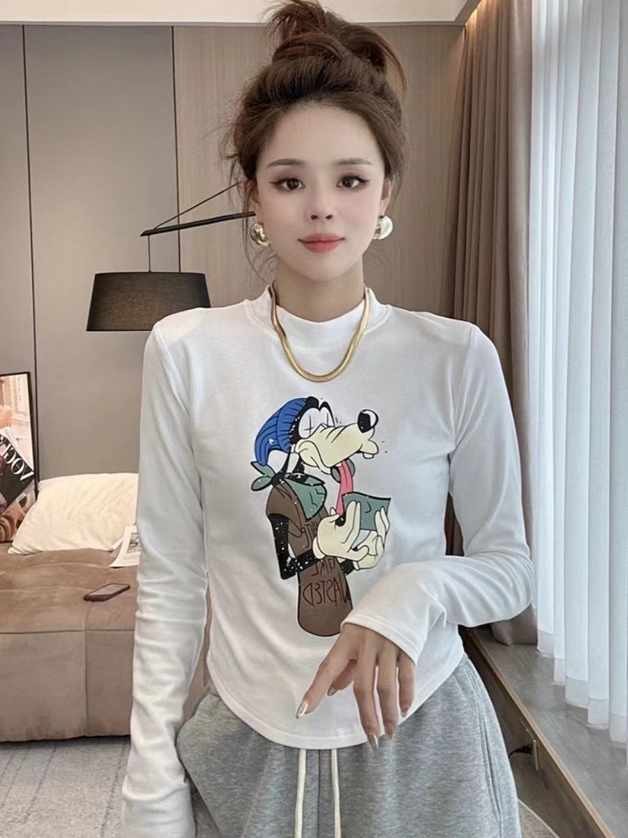 歐貨時尚卡通印花長袖T恤女秋冬新款修身百搭打底衫圓領內搭上衣