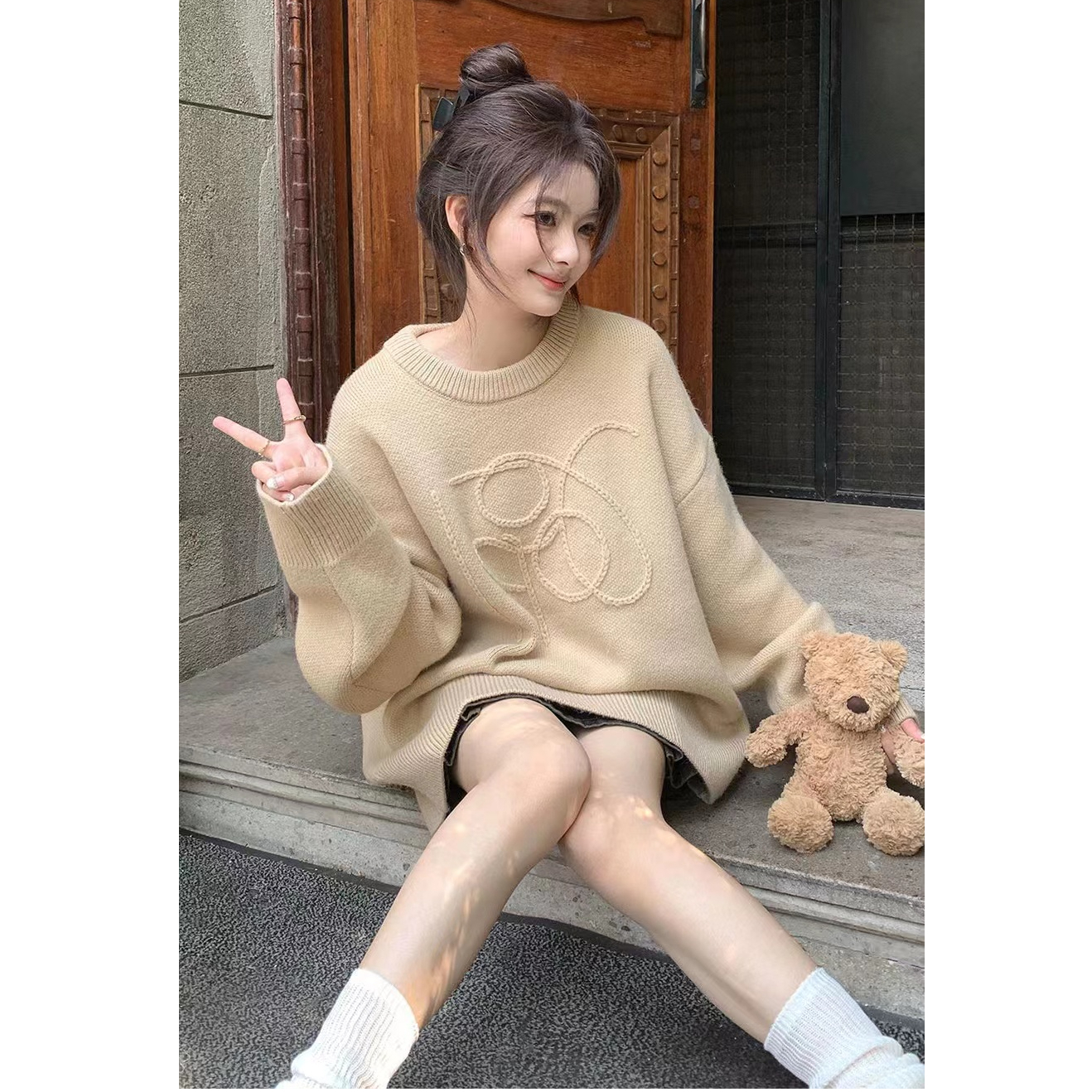 綿羊絨圓領套頭毛衣女2023秋冬新款慵懶風寬鬆外穿針織衫上衣