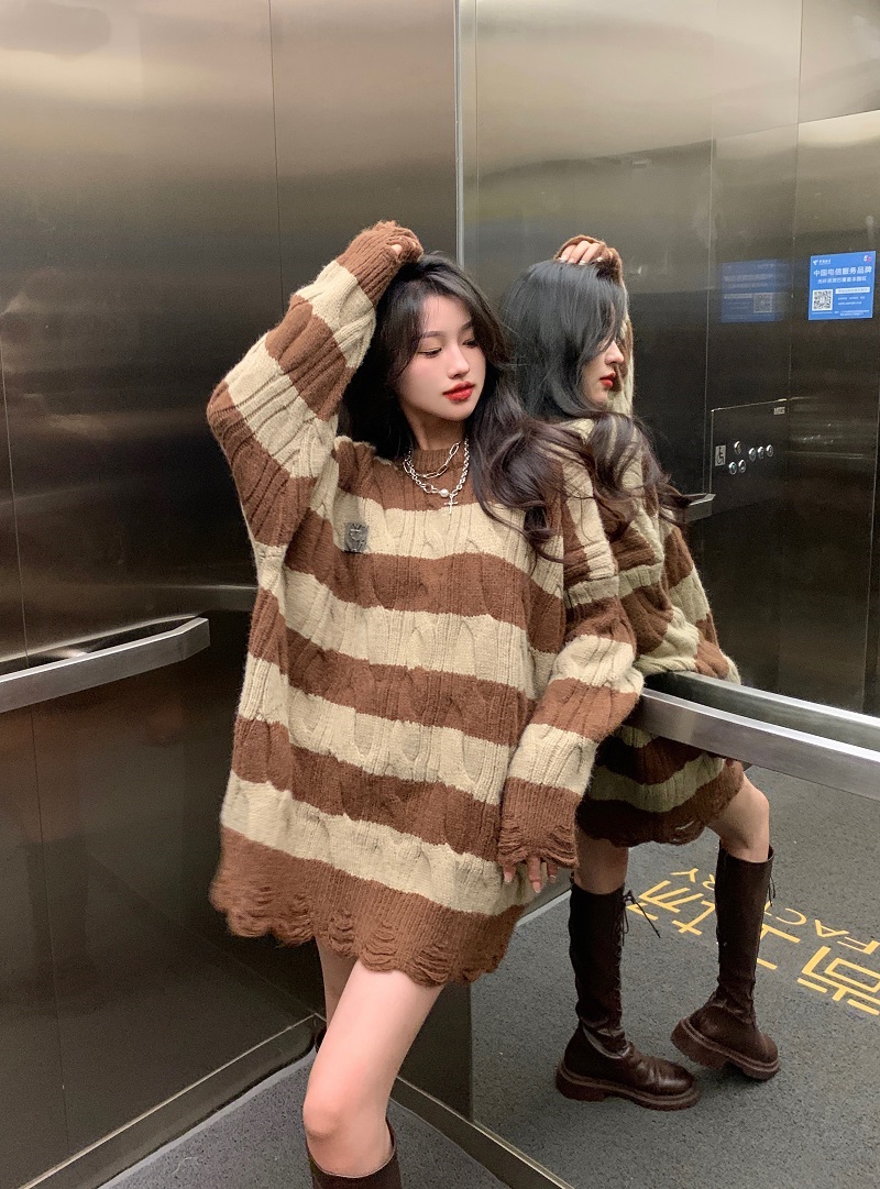 美式復古撞色條紋圓領套頭毛衣女寬鬆慵懶風針織衫