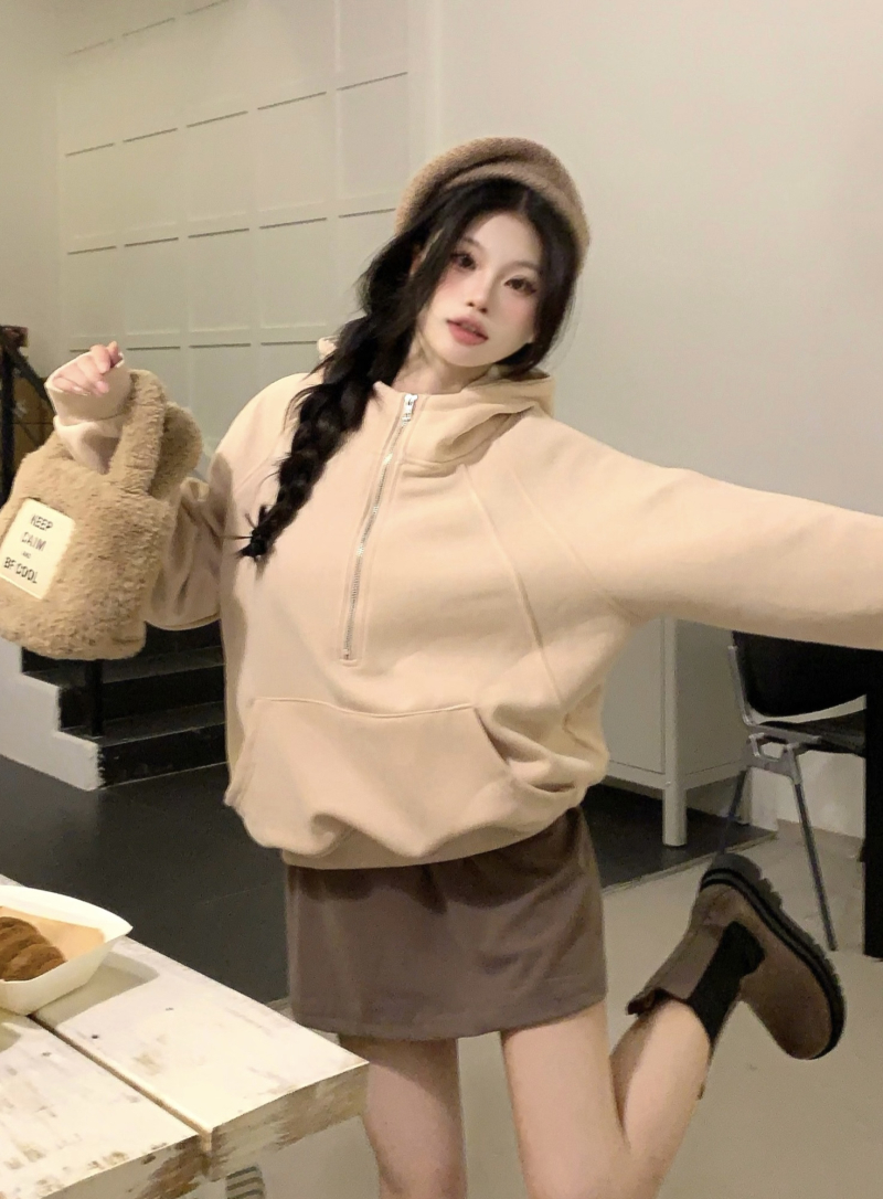 實拍 半拉鏈設計感秋冬套頭淑女中長款寬鬆型加絨連帽衛衣