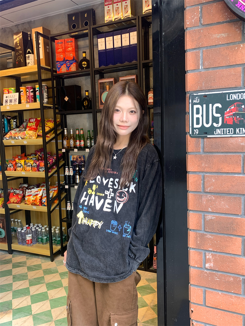 實拍 圓領字母卡通圖案洗水做舊寬鬆長袖T恤女
