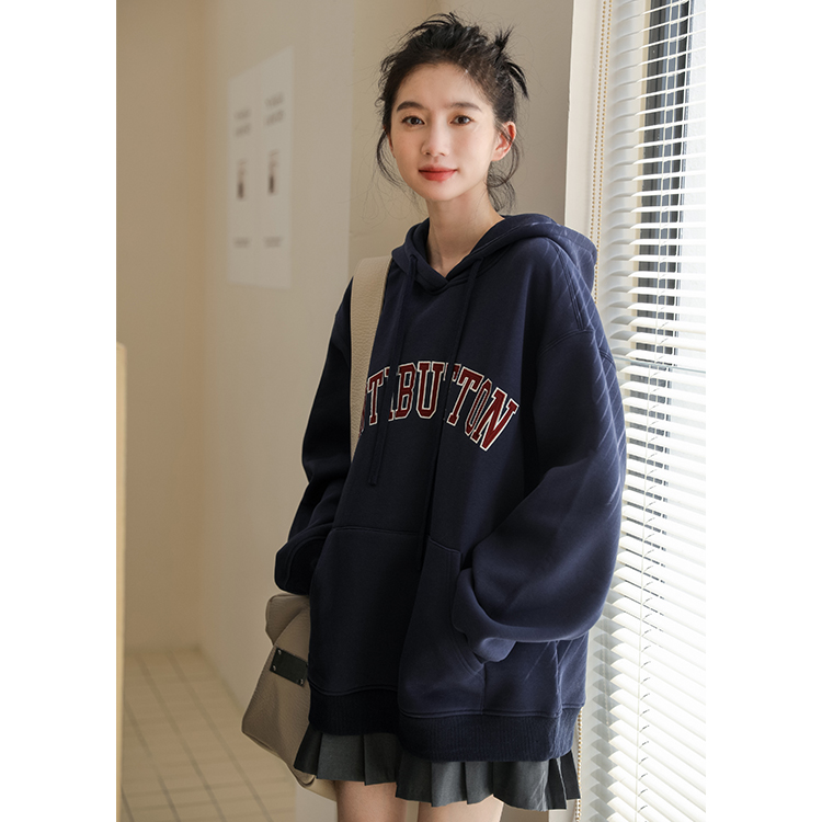 實拍2023秋冬季精密刺繡連帽衛衣女加厚加絨寬鬆時尚套頭外套衛衣