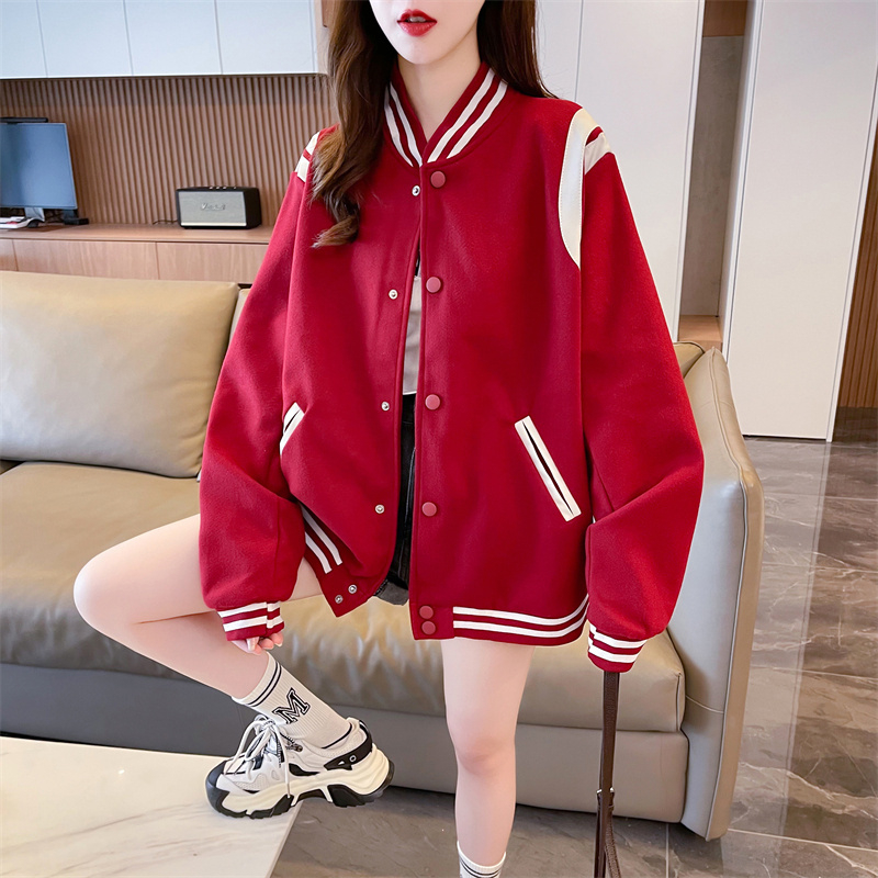 實拍 寬鬆連帽棒球服外套女春秋設計感小眾撞色拼接字開衫