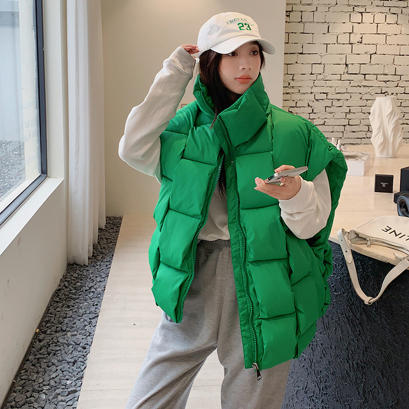 實拍韓版2023冬季新款歐貨手工編織極簡風立領羽絨棉坎肩棉馬甲女