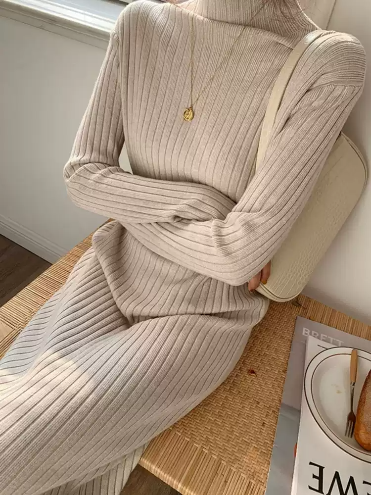 Korean style knitted dress for women in autumn and winter, half turtleneck, casual long sweater dress, bottoming long skirt