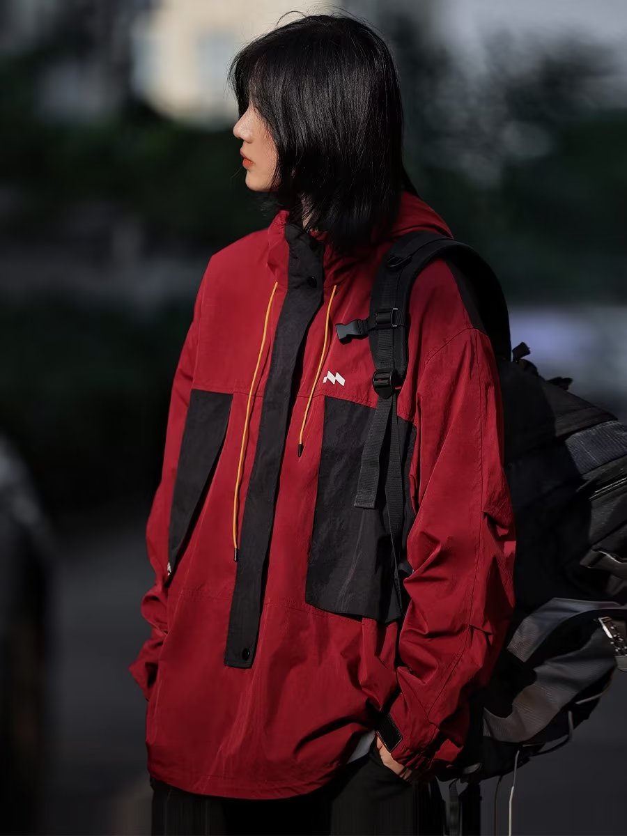 撞色拼接連帽寬鬆衝鋒衣男女2023秋季新品戶外山系夾克外套潮