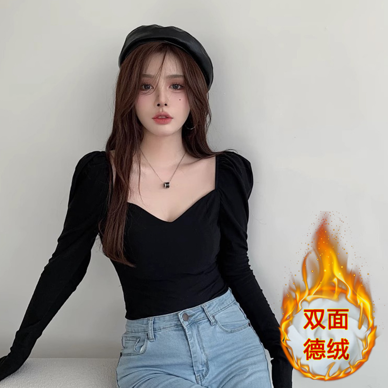 黑色方V領泡泡袖修身上衣女早秋顯瘦短款長袖打底衫洋氣t恤小衫夏