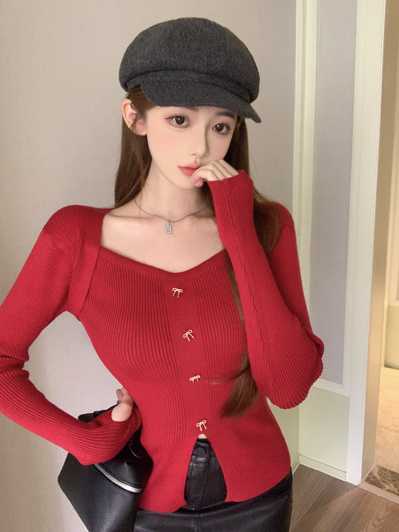 實拍 氣質方領針織開衫女排扣甜辣妹短款修身顯瘦長袖上衣
