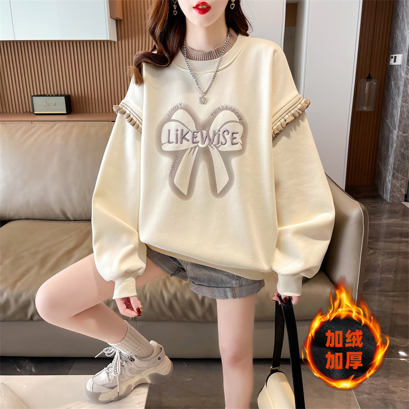 實拍-冬裝華棉複合貝貝絨螺口CVC寬鬆大碼印花拼接羊毛衛衣女