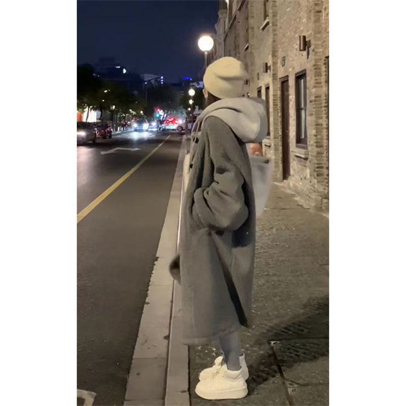 300克仿羊羔絨秋冬新款假兩件加厚保暖連帽拼接長款外套女