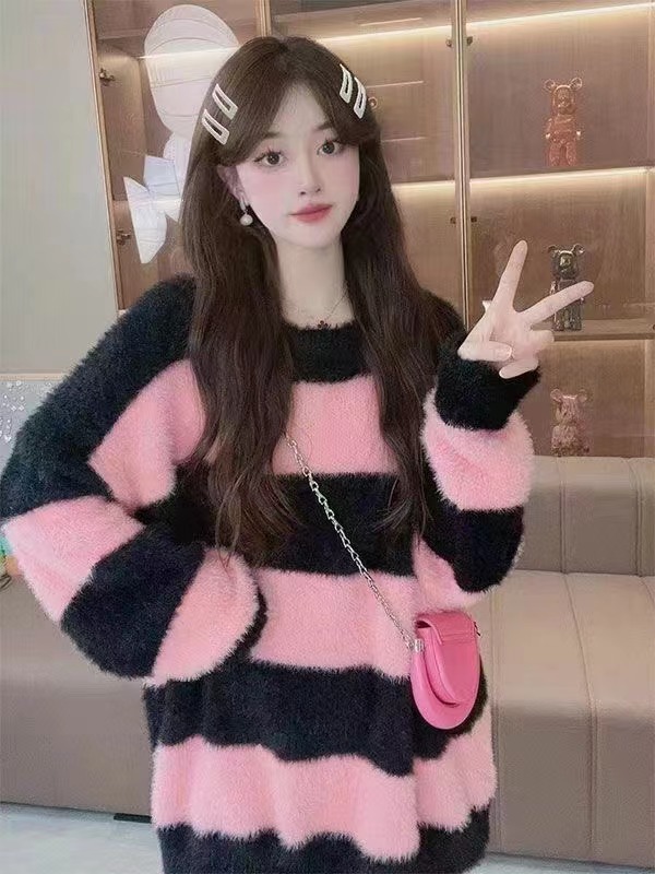 水貂絨條紋設計感ins韓系秋冬毛衣女新款加厚寬鬆外穿慵懶風