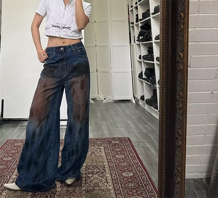 秋季2023新款做舊復古小眾設計塗染藍色窄版闊腿牛仔褲女