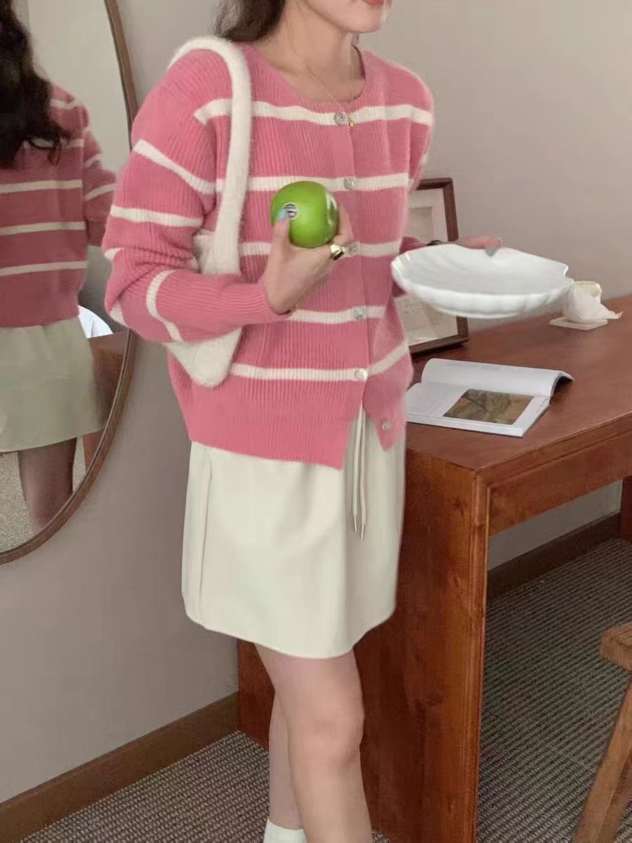 韓系簡約撞色條紋圓領針織開衫女氣質寬鬆慵懶風軟糯減齡毛衣外套