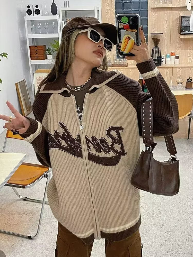 American retro high street collar knitted cardigan for women autumn and winter loose sweater women niche knitted sweater jacket