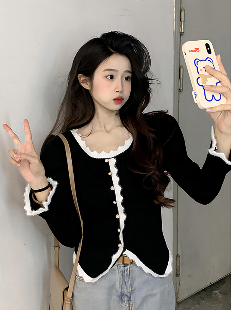 設計感撞色花邊針織衫女春季法式氣質溫柔風毛衣黑色上衣