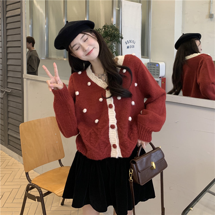 日韓小香風花邊V領毛衣秋裝新款撞色外穿洋氣減齡長袖針織開衫女