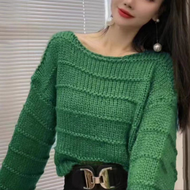 慵懶風軟糯坑條紋套頭圓領毛衣女2023年秋新款寬鬆洋氣套頭針織衫