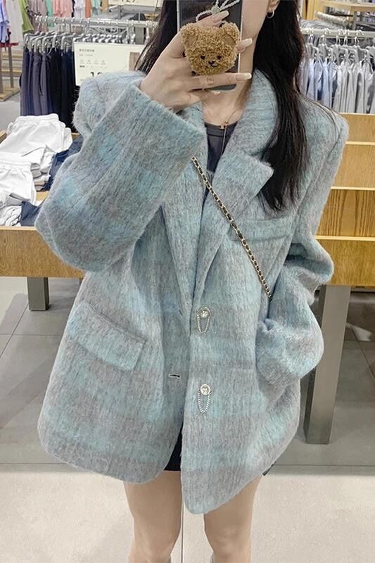 潮牌復古格子毛呢外套女秋冬2023新款設計高級感ins寬鬆西裝上衣