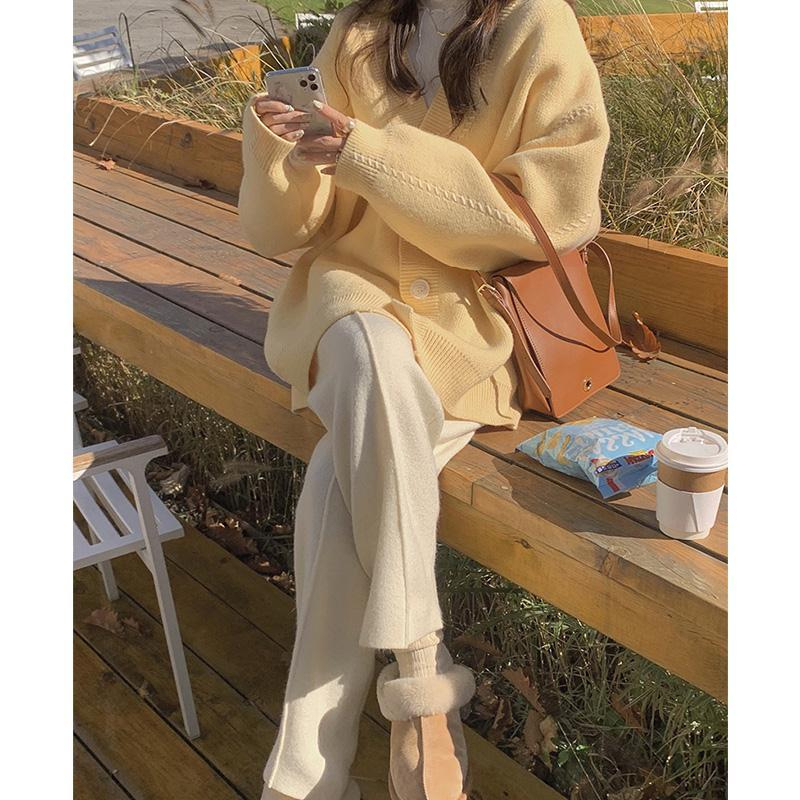 v領百搭時尚寬鬆復古慵懶風針織毛衣開衫女