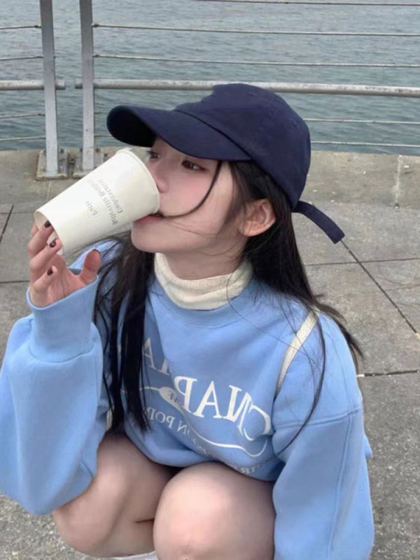 美式藍色圓領無帽套頭短款衛衣女秋冬春秋款慵懶風加絨加厚小個子