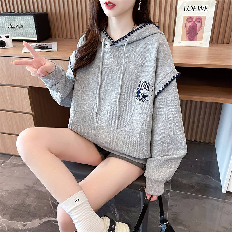 實拍 秋裝韓版寬鬆320克華棉複合連帽印花大碼薄款衛衣女