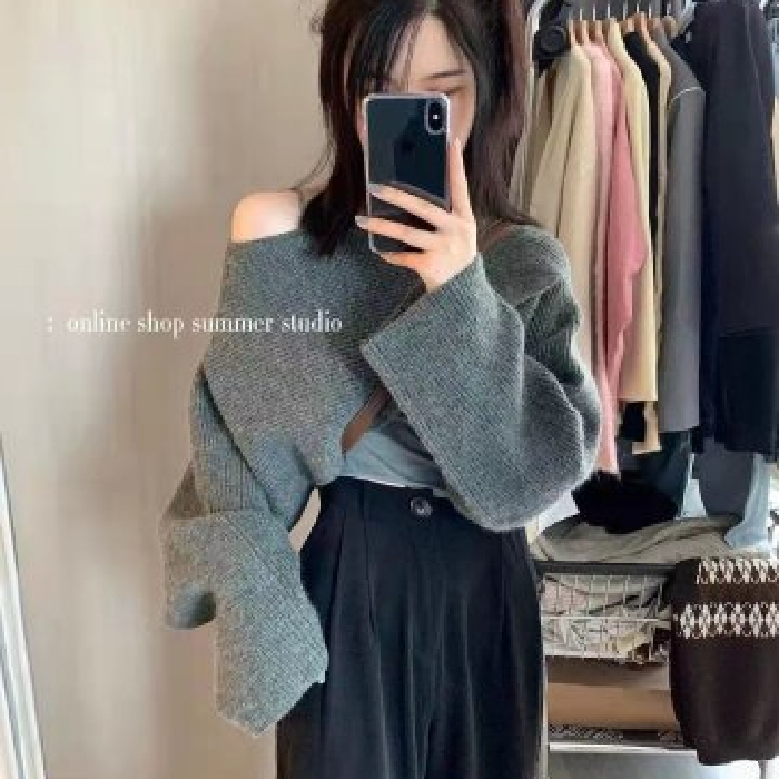 日系慵懶風毛衣女春秋設計感小眾外穿套頭短款針織衫寬鬆溫柔上衣