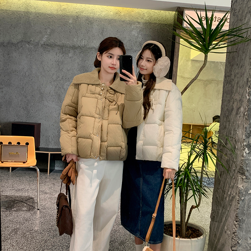 實拍 針織翻領羽絨棉服女短款小個子2023新款歐貨中式盤扣外套