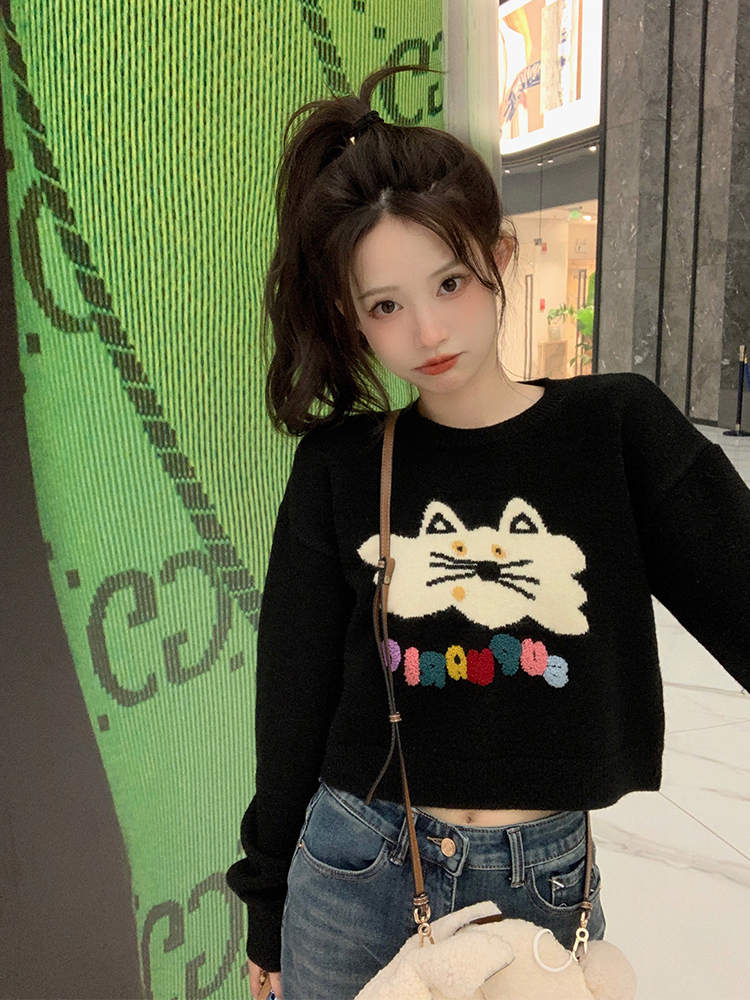 秋冬季2023新款女裝小個子韓系上衣打底內搭小眾別致黑色短款毛衣