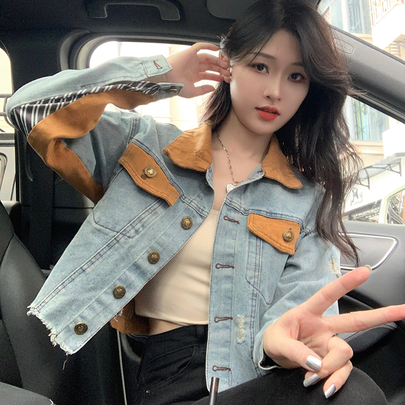 實拍復古小香風牛仔外套女春秋新款設計感拼接短款撞色毛邊